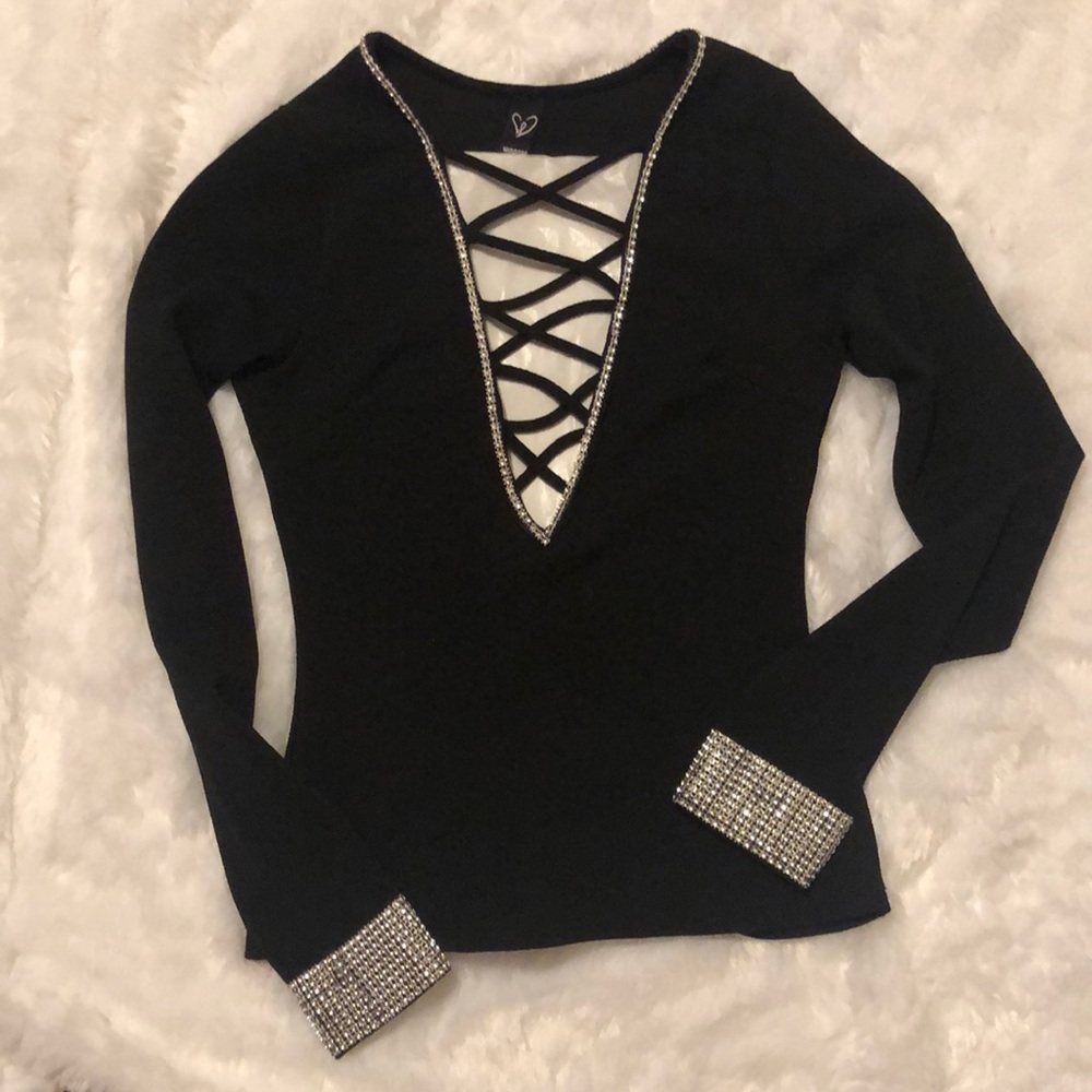 CUSTOM MADE!! Windsor Embellished Black Top w/ Silver Bling @ Wrists & Neckline.